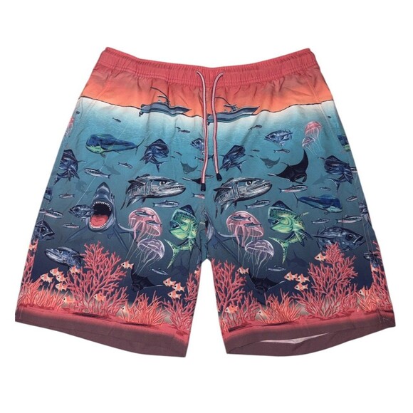 Peter Millar Swim Trunks Shorts Men’s M Ocean Traffic Island Blue Fishing Boat - Picture 1 of 11